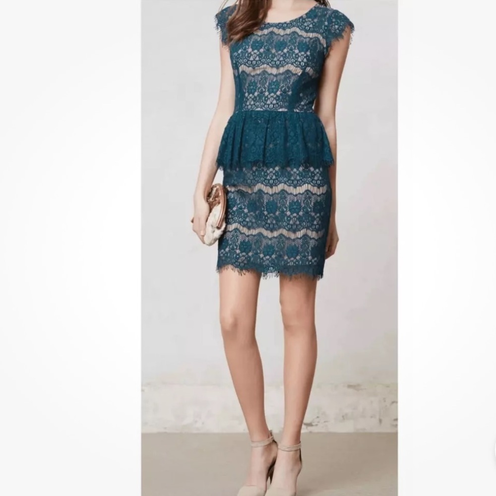 Anthropologie Maeve Lace Sheath Tiered Elsa Peplum Dress Teal Green